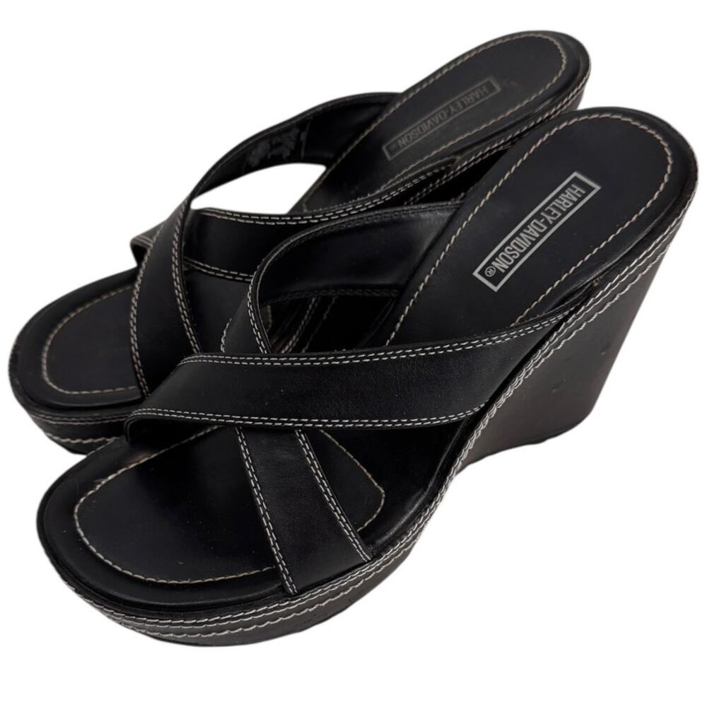 HARLEY DAVIDSON Black Wedge Chunky Sandal SZ 6